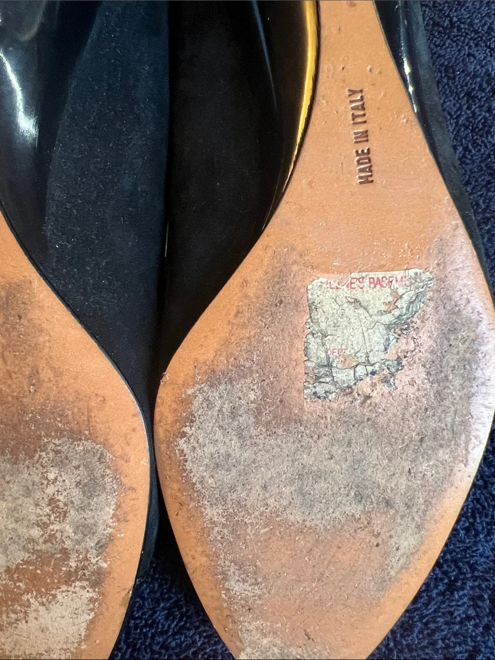 Salvatore Ferragamo Black Suede Ballet Wedge with Glossy Patent Cap Toe size 10